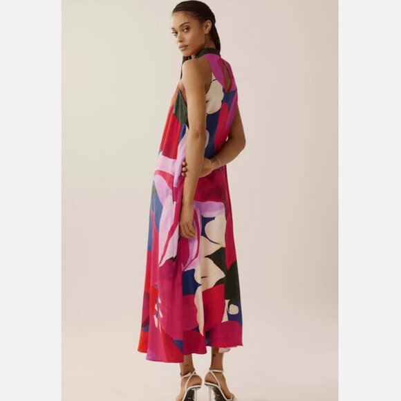 Farm Rio Anthropologie Halter Maxi Dress Floral Watercolor Size L NWT Large - Picture 3 of 5